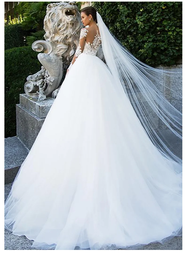 VENSANAC O Neck Lace Appliques A Line Wedding Dresses Illusion Long Sleeve Sweep Train Backless Bridal Gowns