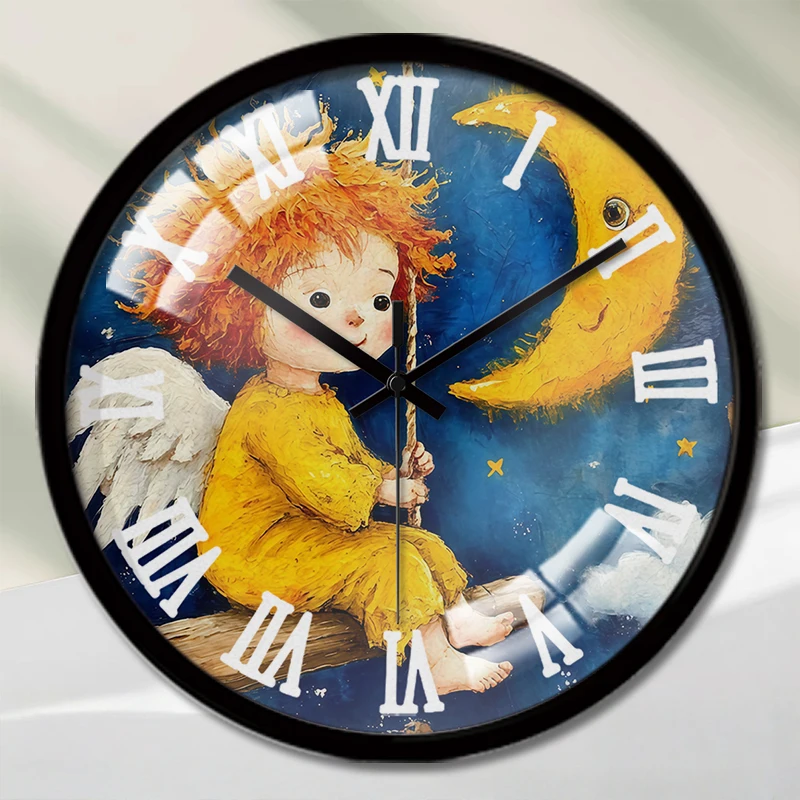 Der Mond, der Engel, Cartoon, rund, geräuschlos, zum Aufhängen, geeignet für Wohnzimmer, Schule, Arbeitszimmer, Schlafzimmer, Kindergeschenke