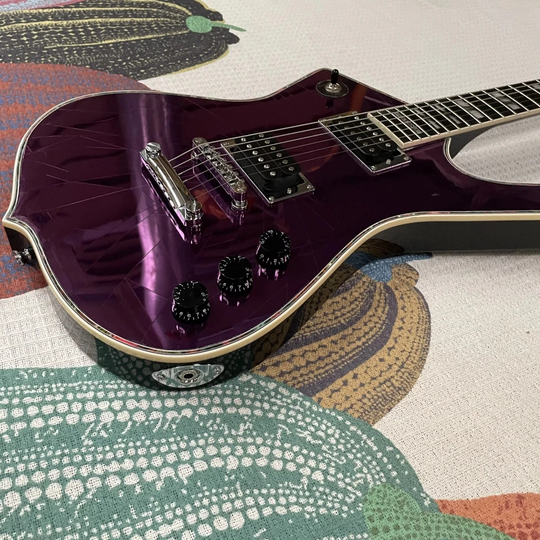 Purple Crack Mirror Finish Electric Guitar, Unique Ice Shape Solid Body Guitar with White Binding, HH Humbucker Pickups