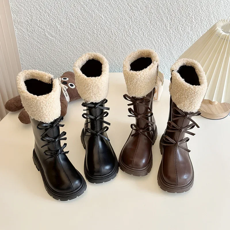 Kinder Baumwolle Hohe Stiefel für Mädchen 2024 Winter Neue Mode Britischen Stil Süße Bowtie Anti-rutschig Laufsteg Chic leder Schuhe