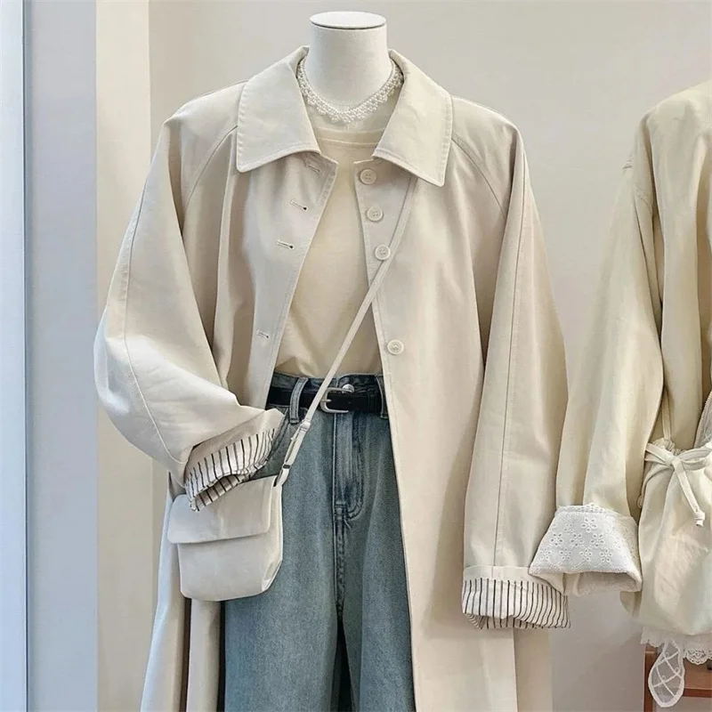 

2025 Women Spring Long Trench Coat Contrast Color Pink Single Button Women Fashion Coat Casaco Feminino New Trench Femme
