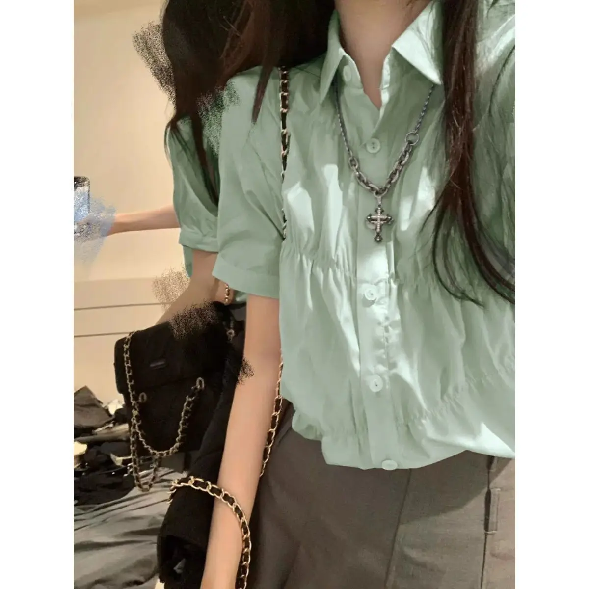 

Short Sleeve Shirts Womens Linen Pintucked Balloon Sleeve Buttoned Shirt Office Minimalist Modern Elegant Ol Lady Professional