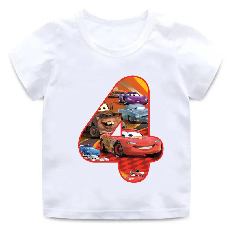 T-shirt Disney Cars Rains McQueen pour enfants, vêtements de décoration de fête d\'anniversaire, dessin animé anime Kawaii, haut décontracté pour