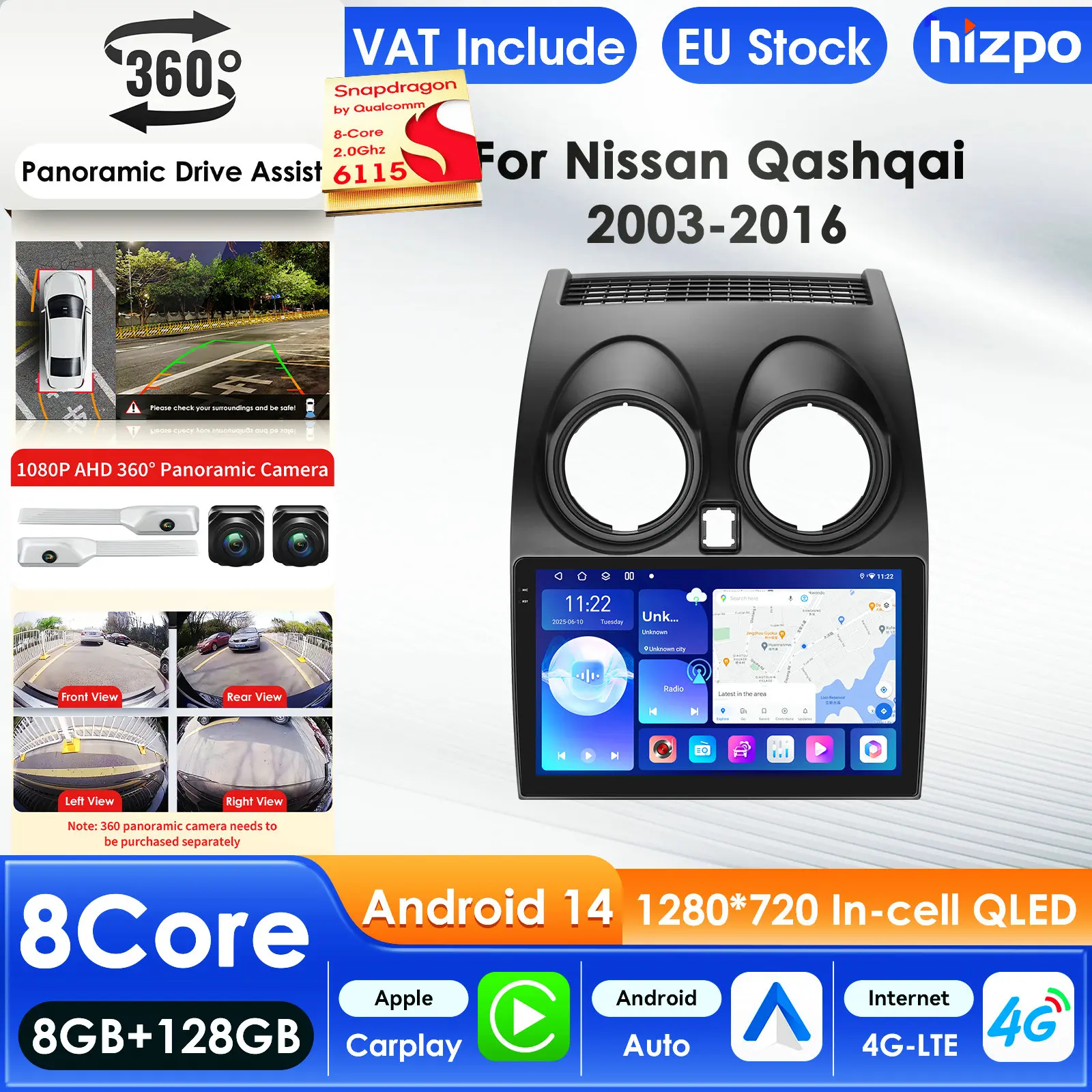 Hizpo 2Din Carplay Autoradio für Nissan Qashqai J10 2006-2013 Audio-Multimedia-Player Android Auto GPS WIFI FM Autoradio 360CAM