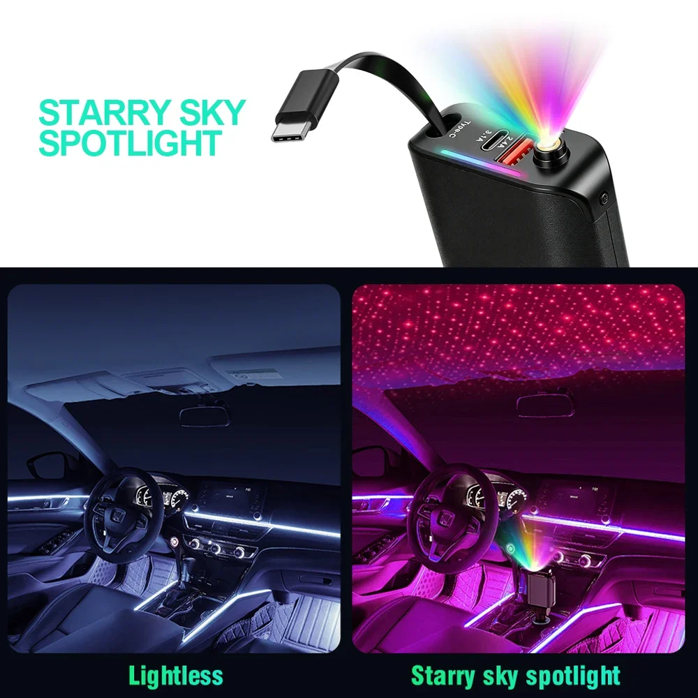 Car Charger with Retractable Charging Cable USB Type C with Starry Sky Spotlight Phone Cigarette Lighter Adapter Compatible