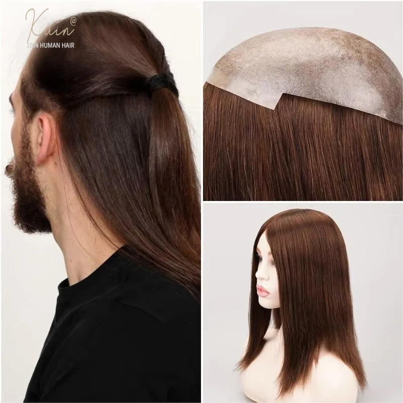 Men Toupee Long Hair Wig 14-16inch 0.1mm Skin Men Toupee Natural Hairline Men's Wigs Full Skin Male Hair Capillary Prosthesis