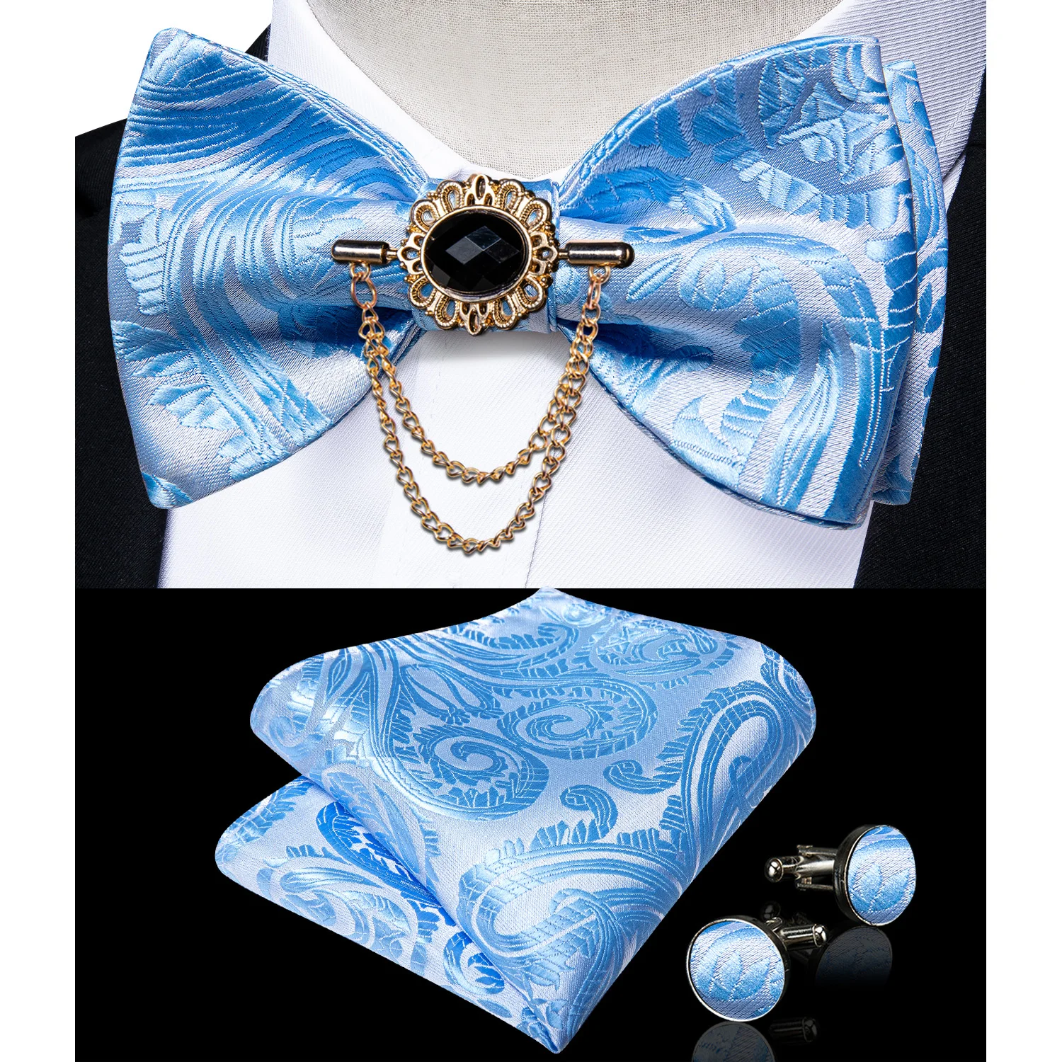 Exqusite männer Selbst-krawatte Bowties Hochzeit Krawatten Für Mann Zubehör Manschettenknöpfe Hanky Brosche Set Rot Schwarz Gelb blau Bowtie – Detail 11