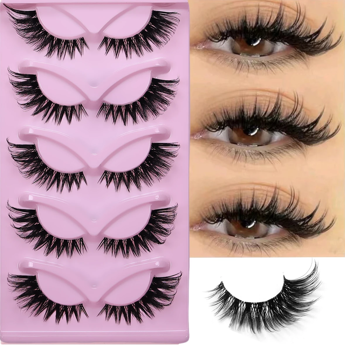 5 Paar Katzenaugen-Wimpern, lange Wimpern, Katzenaugen-Look, dünne Wimpern, Augenende, länglicher Streifen, dicke falsche Wimpern