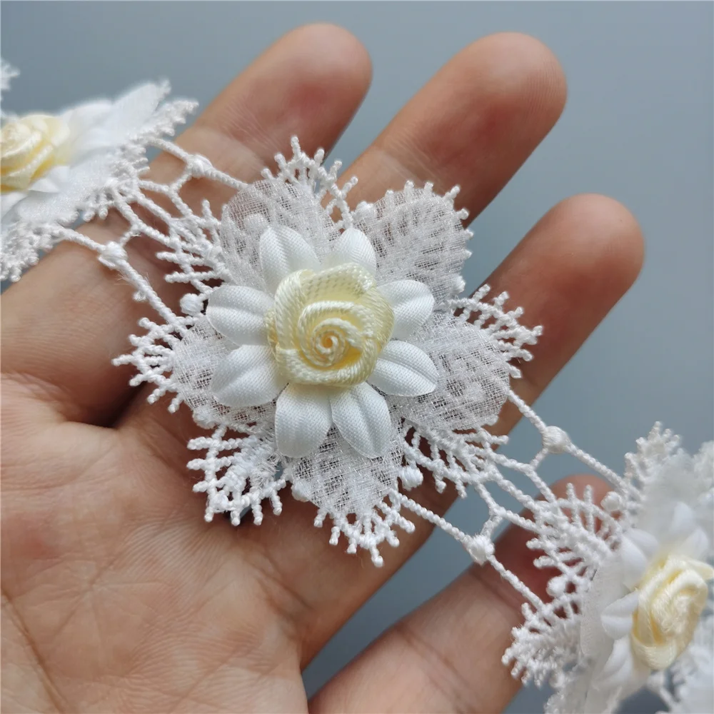 4.5*4.5cm 10x White Eyelash Rose Flower Lace Trim Ribbon Embroidered Patchwork Sewing Crafts Bridal Dress Accessories Decoration