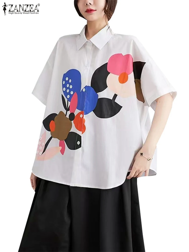 Zanzea casual solto all-match túnica feminina floral impresso camisas férias blusa de manga curta 2024 verão lapela gola coreano topos