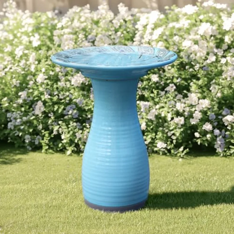 20 Inch Ceramic Bird Bath for Outside, Elegant Tall Outdoor Bird Bath, Lightweight Pedestal Glazed Birdbaths for Outdoors with
