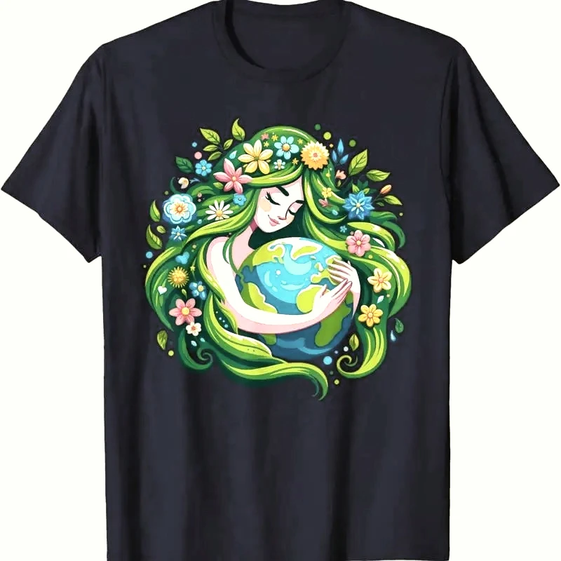 Grüne Göttin Erddag Rettet Unseren Planeten Damen Mädchen T-Shirt O-Ausschnitt Lockeres T-Shirt Sommer Neu Damen Lässiges Ästhetisches Y2K Tee Tops