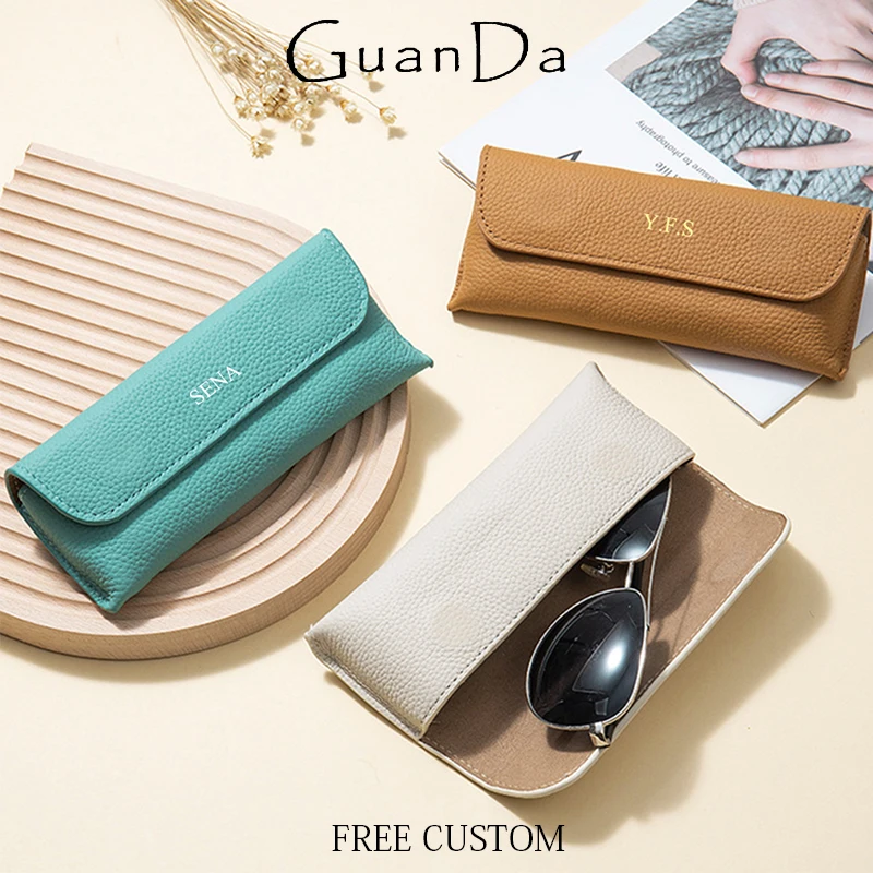 Personalized Genuine Leather Protective Glasses Bag Engrave Letters Woman Man Travel Cowhide Sunglasses Bag DIY Glasses Pou