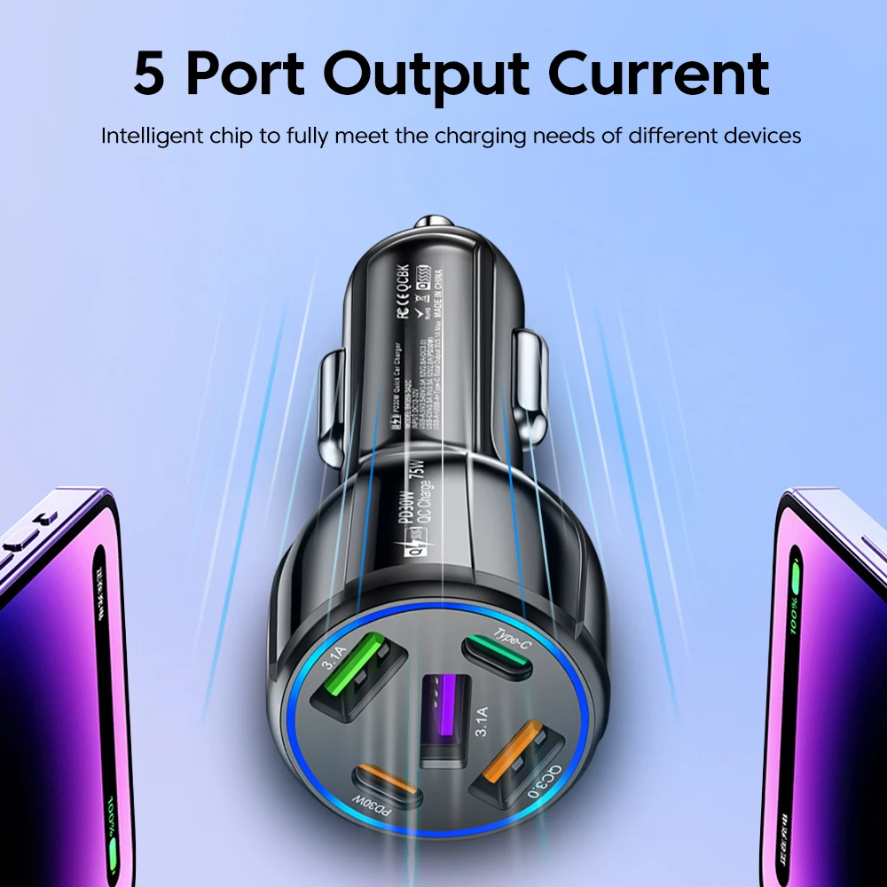 OLAF 5 Port 75W USB Car Chargers Type C Car Charger Fast Charging PD QC3.0 Phone Charger in Car For iPhone Xiaomi Huawei Samsung image 4