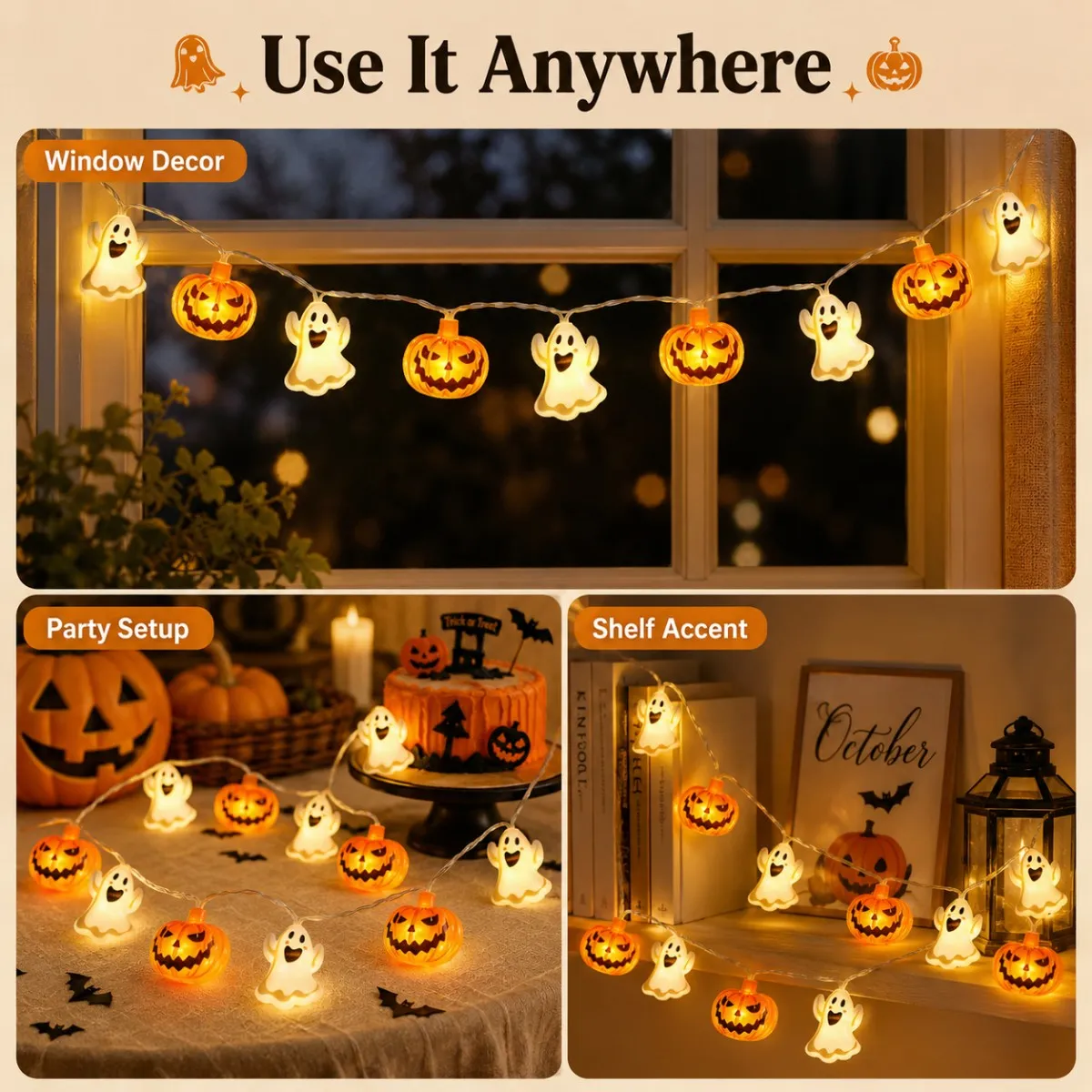 1 Stück 10/20 LED Halloween Geister- & Kürbis-Lichterkette, gemischte Formen, LED-Lichterkette für Zuhause, Terrasse, Bar, Gothic-Feiertagsparty-Dekoration – Detail 9