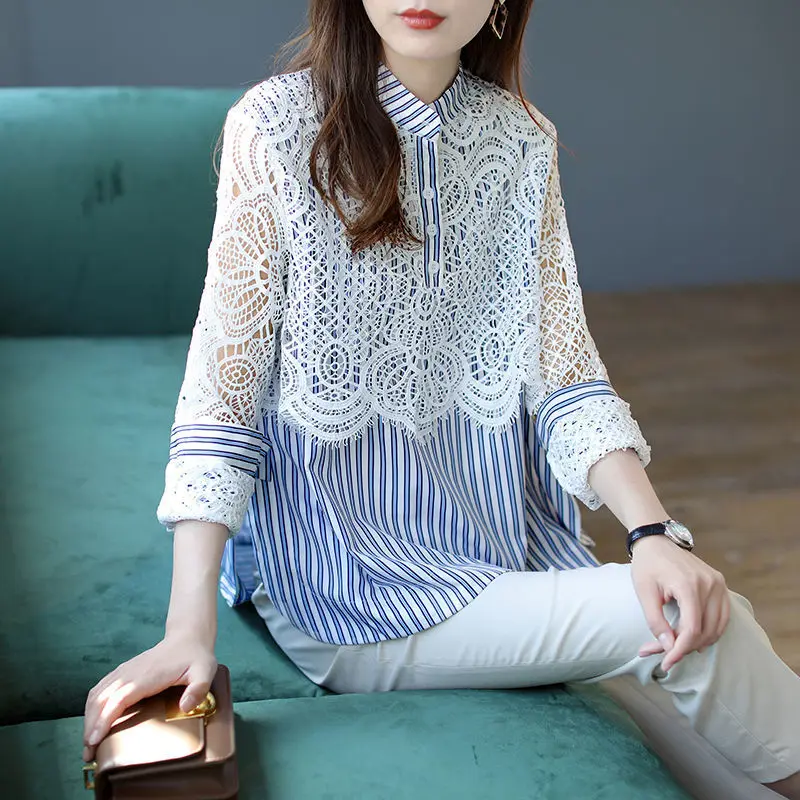 

2025 New Fashion lace stitching striped Shirt Women Spring Temperament Long-sleeved Casual Wild Blouse Ladies Tops Female