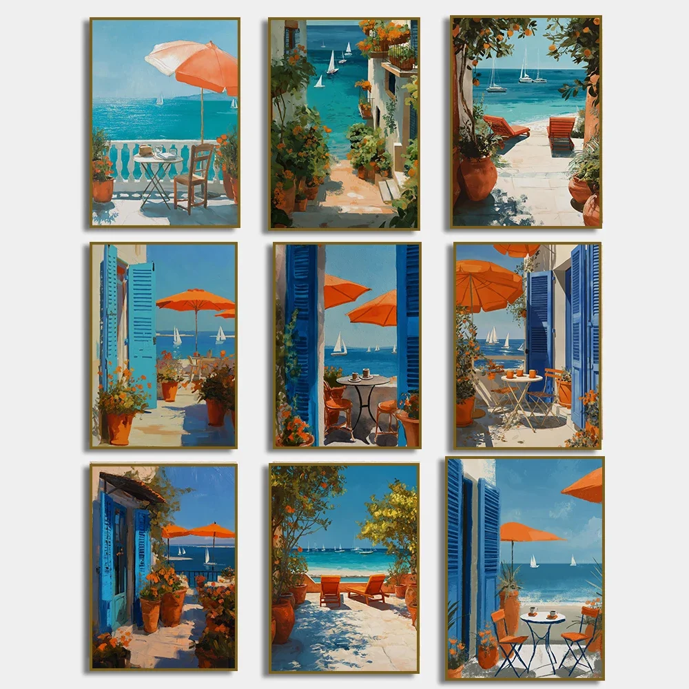 (No frame)Greece  Terrace Coastal Orange Tree Travel Poster Mediterranean Coffee Canvas Painting Prints for Living Room Home