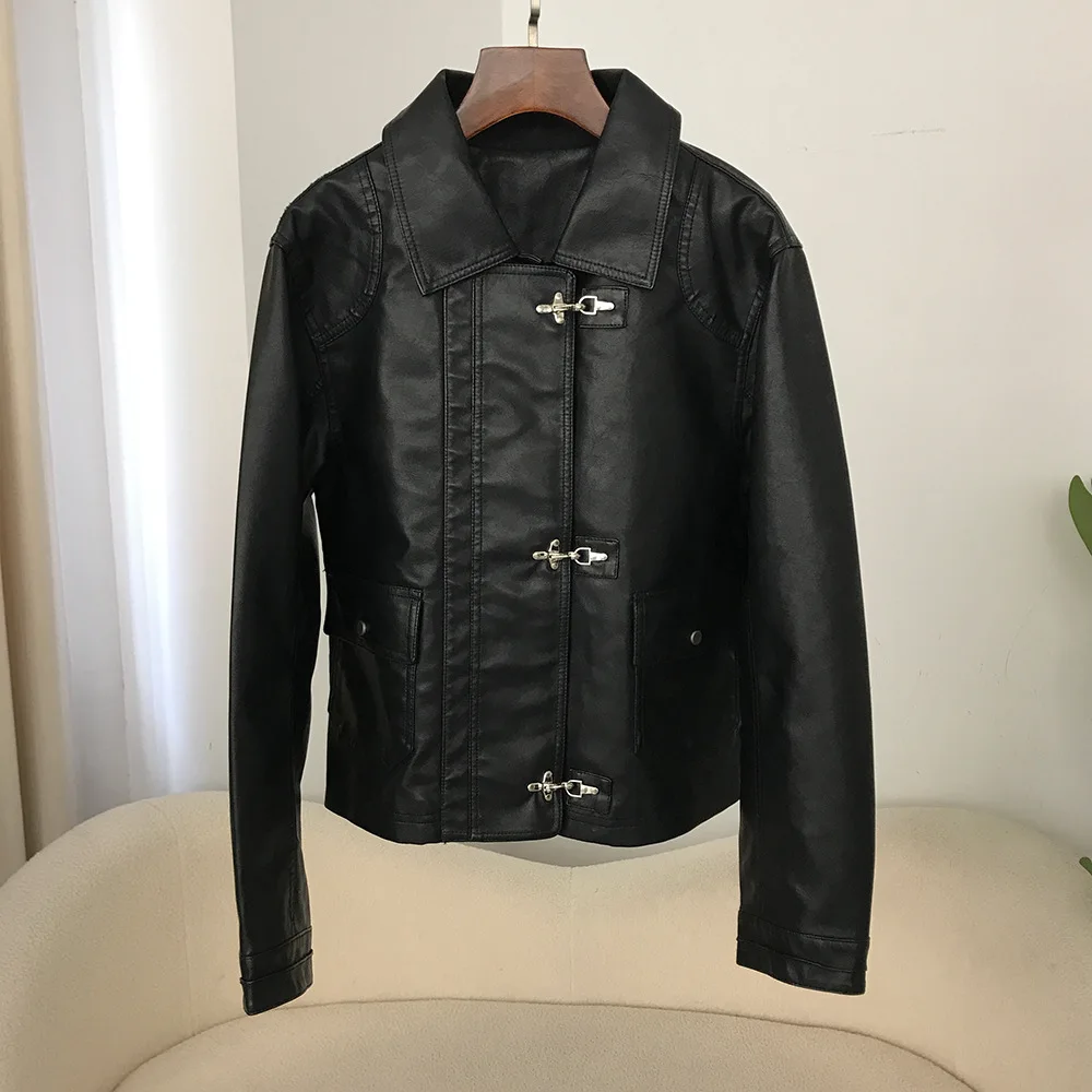 

2024 Women's black leather jacket, women's short style spring and autumn new style, sweet and cool casual airplane buckle motorc