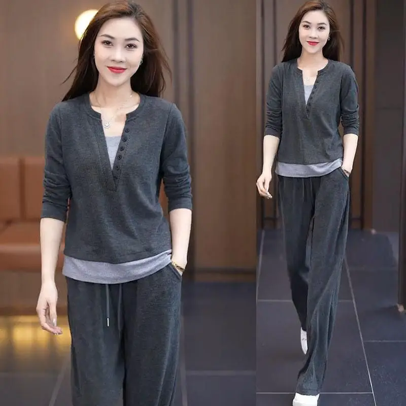 

Sports Women's Suit Spring and Autumn Korean Version Fashion Top Casual Wide Leg Pants Two-piece Set