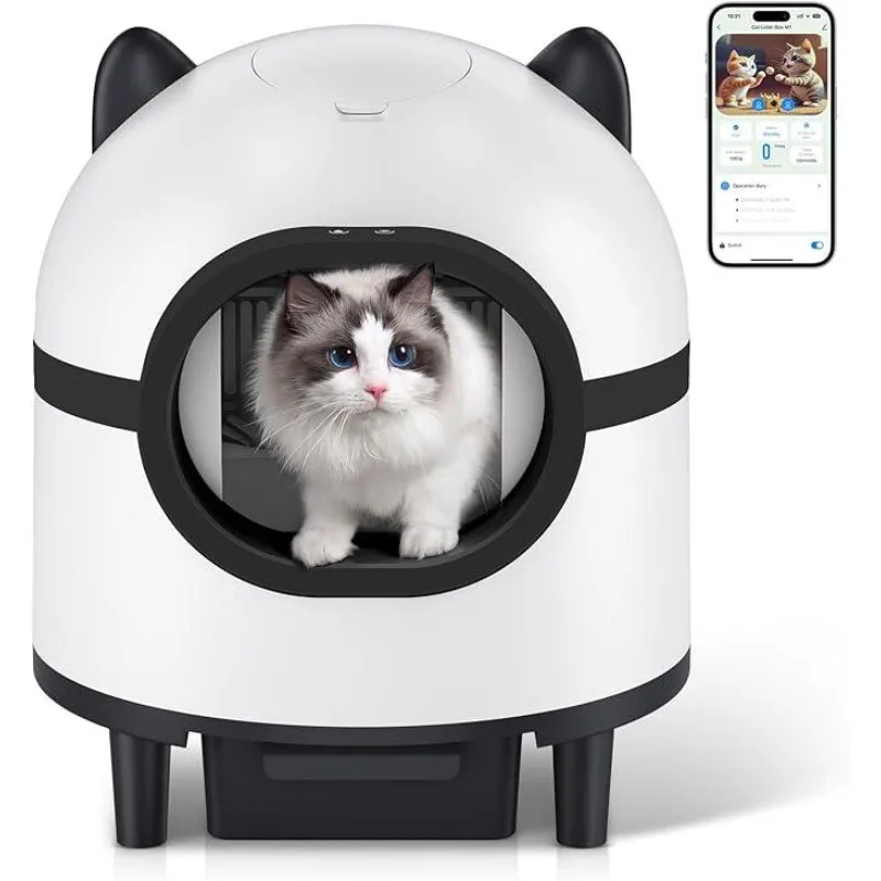 Large Capacity Self-Cleaning Cat Litter Box, App-Controlled, Ideal for Multiple Cats, White & Grey Design