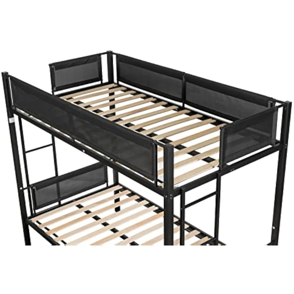 Litera de Metal Twin sobre Twin con Trundle, literas de servicio pesado con barandillas de textelina y listones de madera