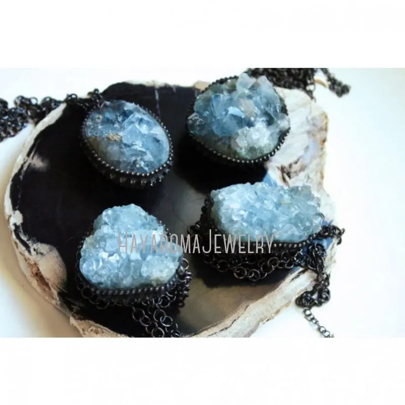 NM43296 Celestite Crystal Druzy Cluster Necklace Blue Gemstone Silver Plated Moon Charm Goth Witch Wicca Boho Jewelry Halloween