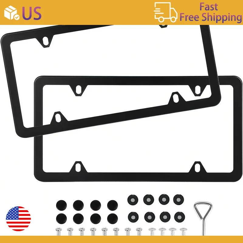 2 قطعة إطار لوحة ترخيص من الفولاذ المقاوم للصدأ بمواصفات أمريكية مع فتحات مربعة وحواف رفيعة تتضمن براغي ملحقة ومفتاح ربط مقاس أمريكي
