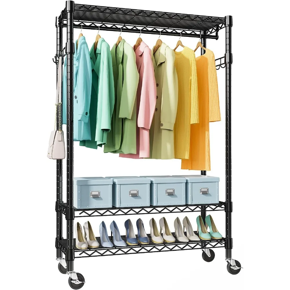 

MZG Heavy Duty Rolling Garment Rack 3 Tiers Adjustable Wire Shelving Clothes Rack with Rods and Side Hooks,Storage Closet