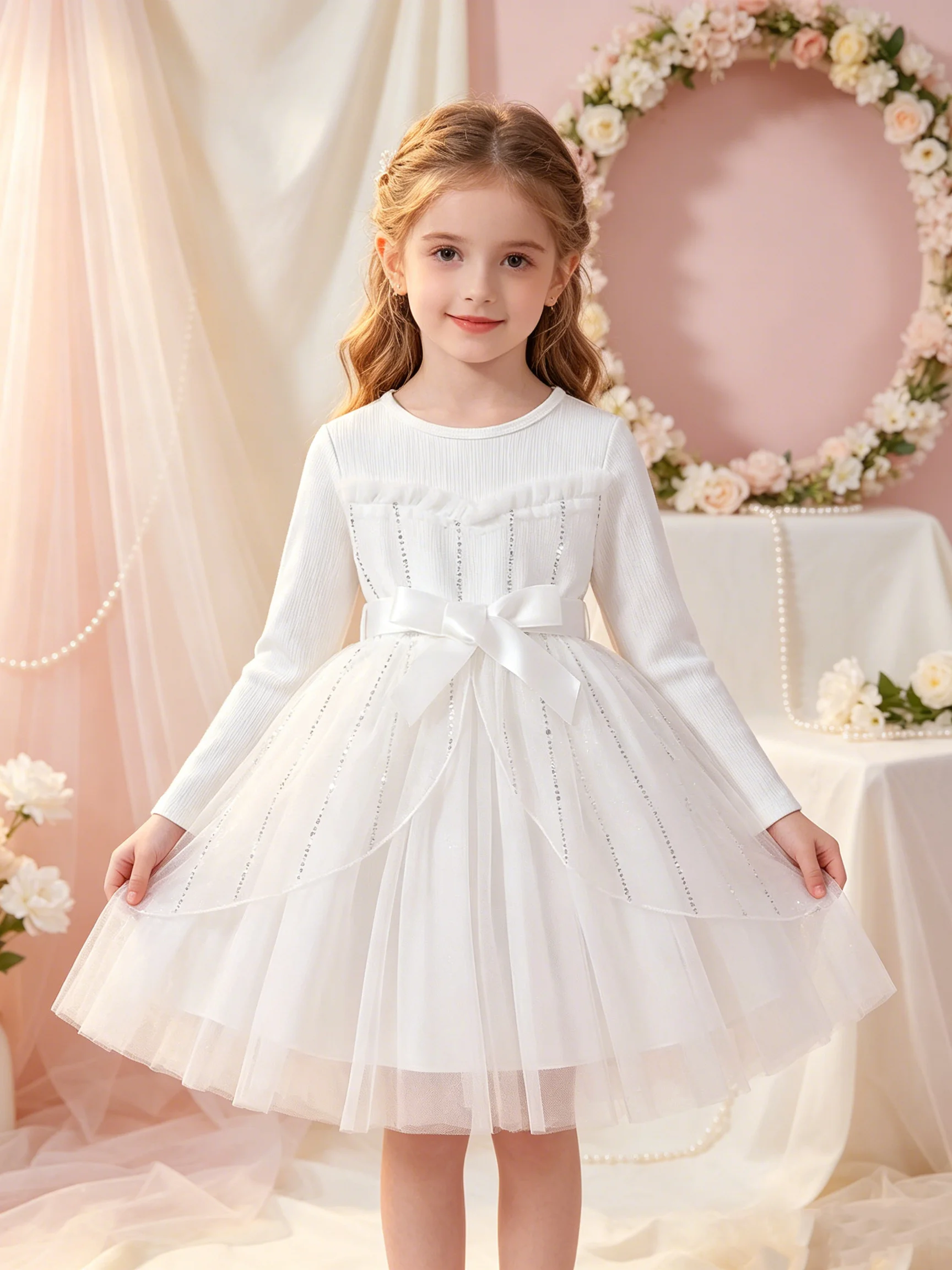Children's round Neck Long Sleeve Dress with Waist Cinching Strap Mesh Casual Elegant Mid-Length Skirt