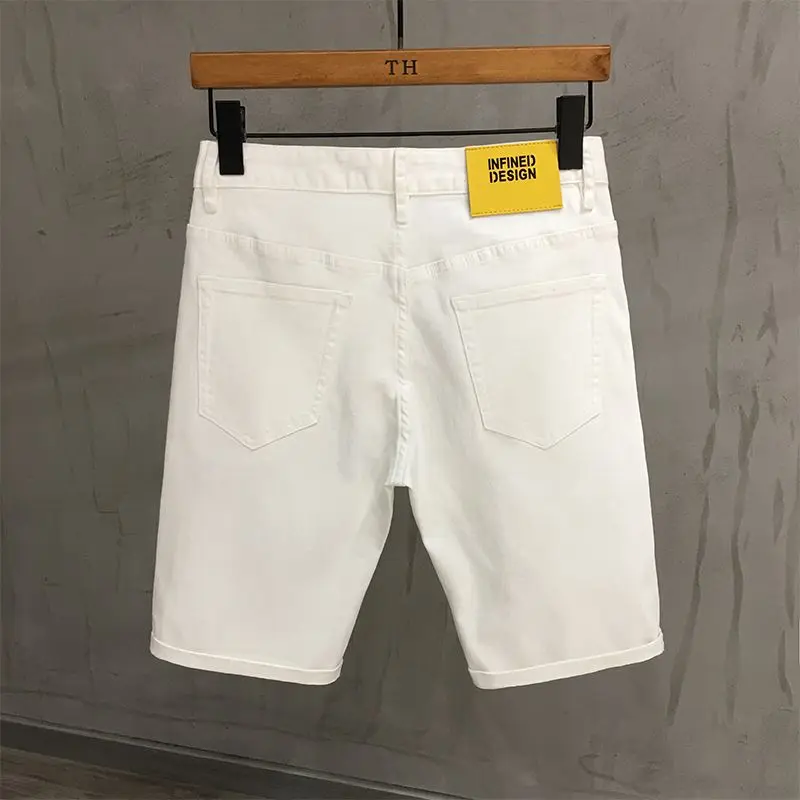 

Summer Men's Slim Fit Casual Cotton Stretch Denim Shorts Five-Quarter Length Fashionable Korean Style Versatile Mid-Waist Jeans