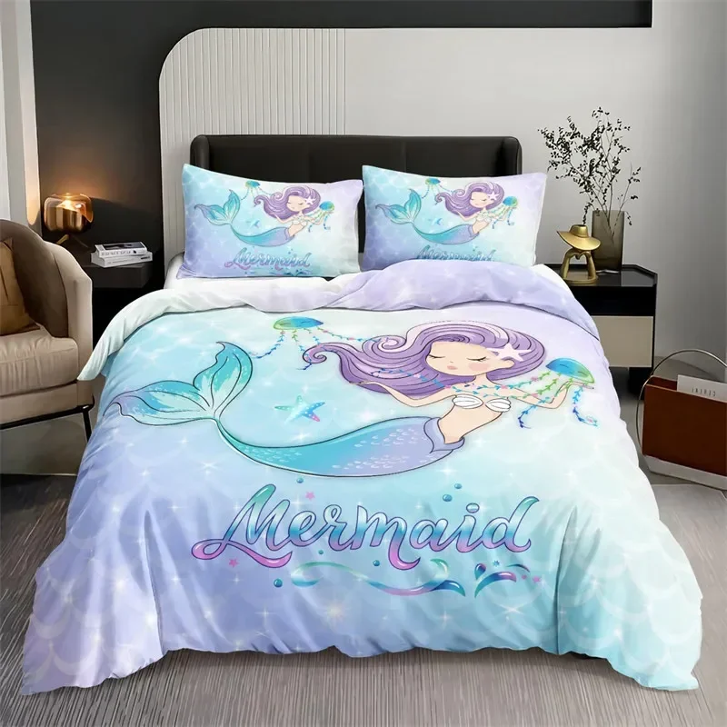 Watercolor Jellyfish Mermaid Kawaii Sea Turtle Comfortable Duvet Quilt Cover Pillowcase Bedding Set Children Bedroom Decoration
