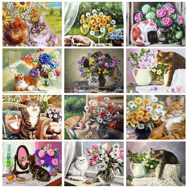 

PhotoCustom Painting By Numbers Cats And Flowers With Frame Kits Picture By Numbers Decor Home Wall Art
