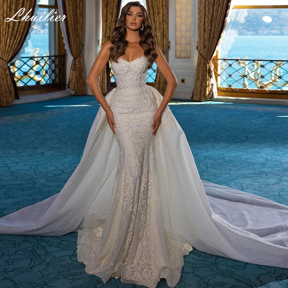 Lhuilier 2 in 1 Strapless Lace Mermaid Wedding Dresses Sleeveless Beaded Shiny Tulle Bridal Gown with Detachable Train