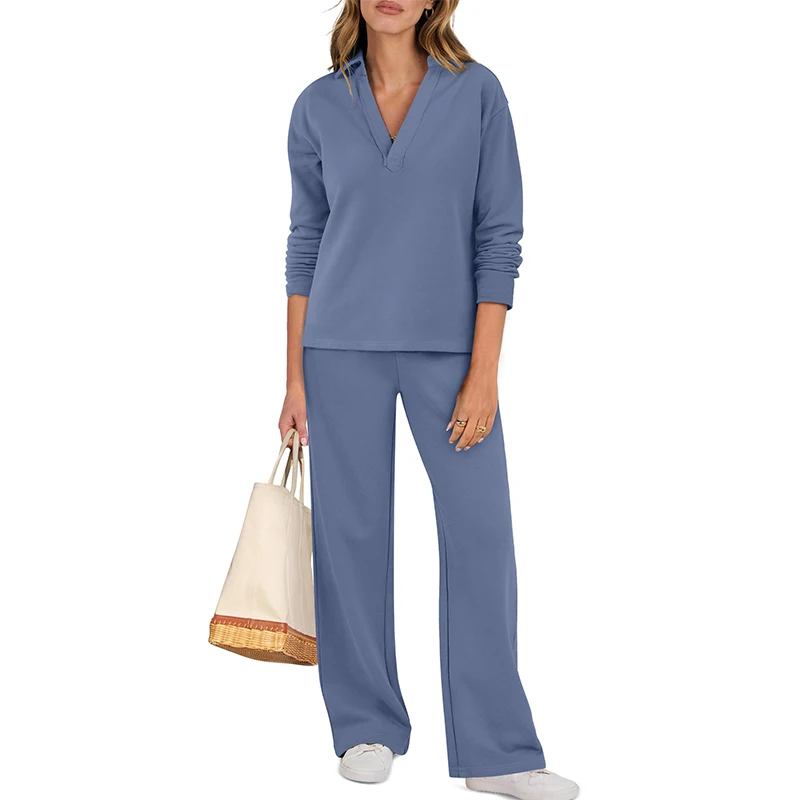 Europe Fashion 2Pcs Tracksuits Long Sleeve V Neck Pullover Sweatshirt Loose Wide Leg Pants 2025 Fall Collection Women’s Outfits