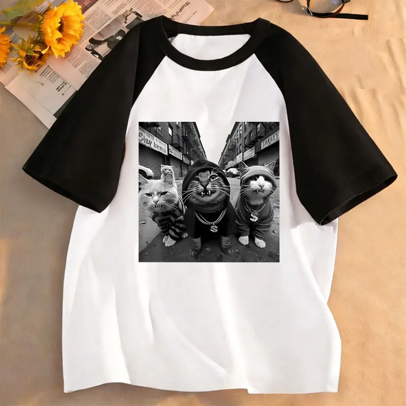 Streetwear Hip Hop Cat Cartoon Design Print T Shirts Kids Children's T-shirt Casual Boys Girls Summer Spring Casual Top Tee