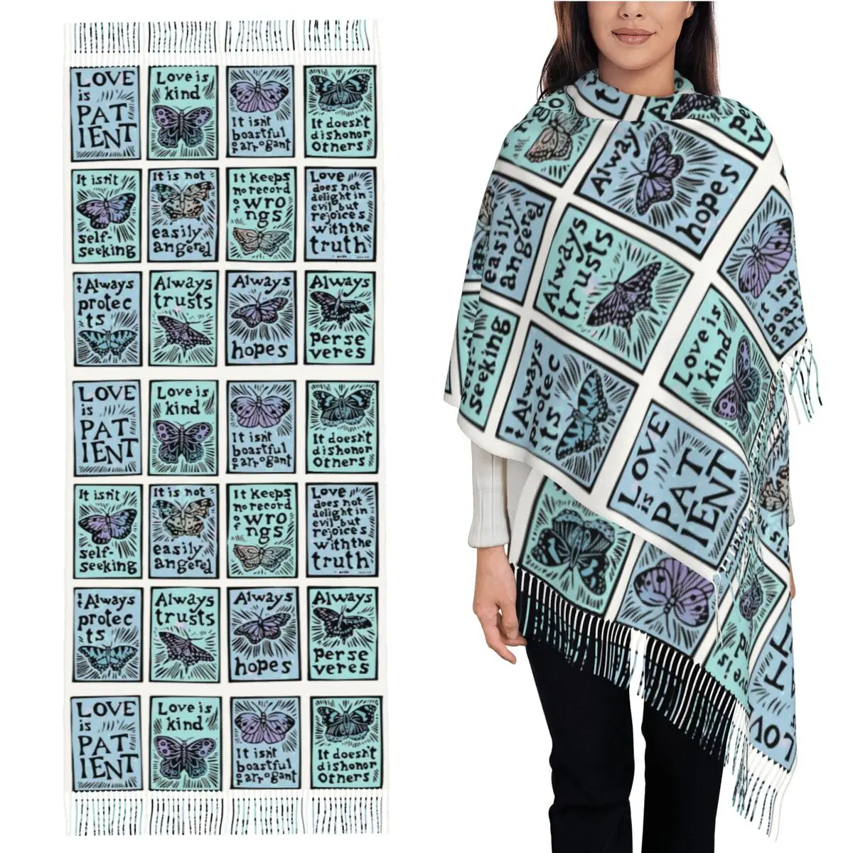 

Love Is Patient, With Butterflies In Цветной шарф Шарфы с кисточками для женщин Теплые шали и накидки Длинная осенне-зимняя шаль