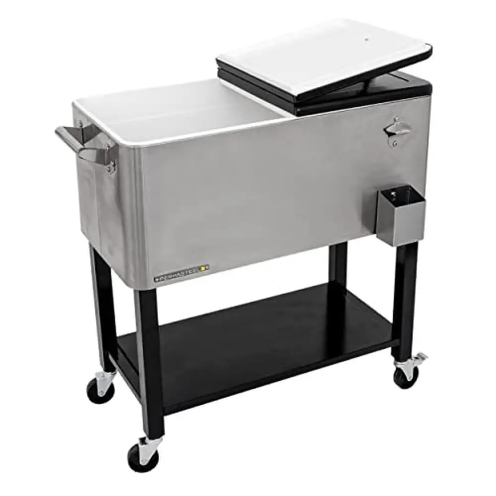 Portable Outdoor Beverage Cooler Cart with 80-Qt Storage and Removable Basin Rolling Cooler with Stainless Steel Construction