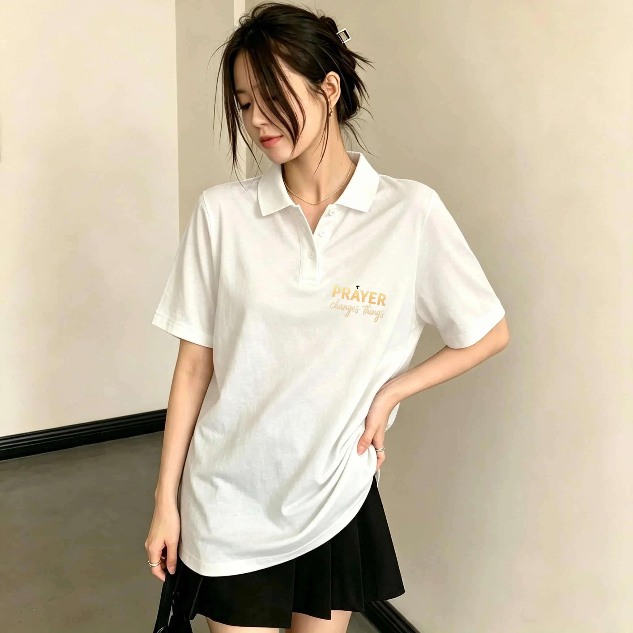 Women's Black Lapel Collar Polo Shirt with Golden 