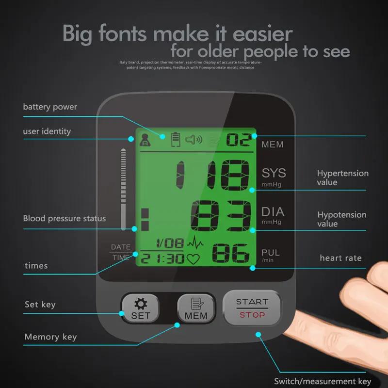 JYouCare Medical Digital Lcd Upper Arm Blood Pressure Monitor cuffs Home Heart rate Meter Tonometers Large cuff Voice Automatic