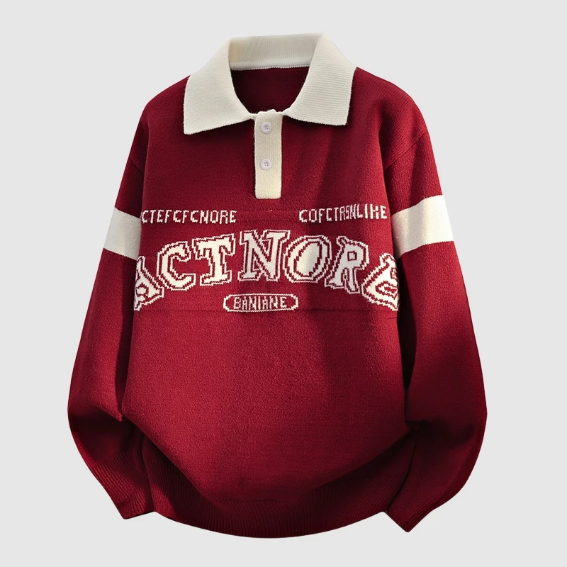 

Red Thiened Collar Knitted Sweater Men's Faionable College Sle Base Layer irt for Autumn Winter Youth Knitwear