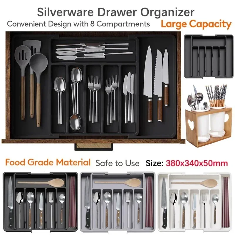 

Adjustable Silverware Drawer Organizer with Dividers Expandable Trays Kitchen Flatware Cutlery Holder for Spoons Forks Knives