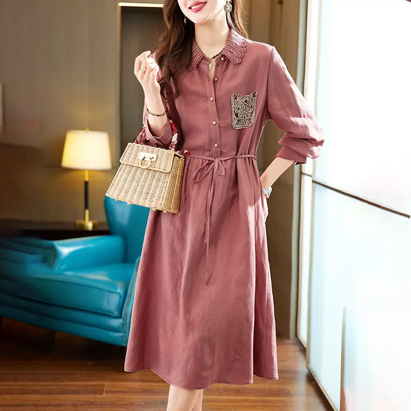 ربيع الخريف بلون بدوره إلى أسفل طوق كم طويل ميدي فستان المرأة شارع العليا القطن القنب فساتين الدانتيل زر جلد رداء