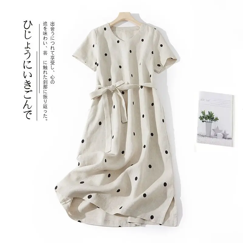 2024 New Linen Vintage Print Polka Dot Dress Women Summer Short Sleeve Cotton Loose Casual Midi Dress Sundress Vestidos F207