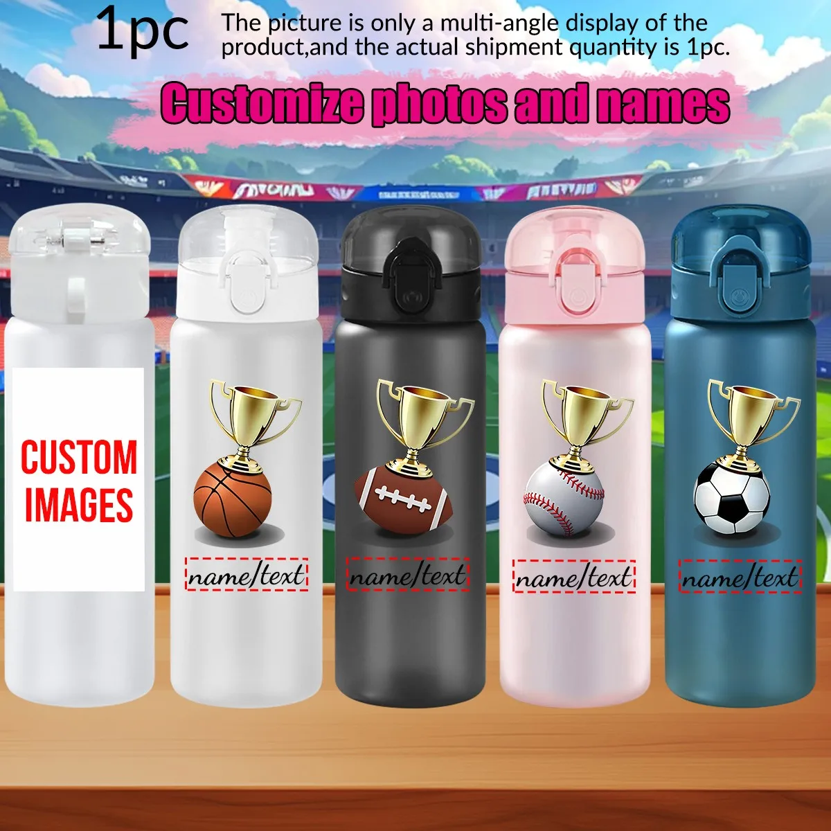 1pc custom photo name 780ml/26oz baseball outdoor travel sports cup with rope leak-proof plastic water bottle
