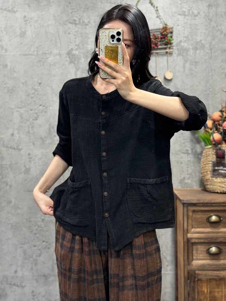 Amax LuluE Korean Design Autumn Tops Womens Fashion Casual Cotton Linen Shirts 2025 Ladies Classic Loose Vintage Solid Blouses