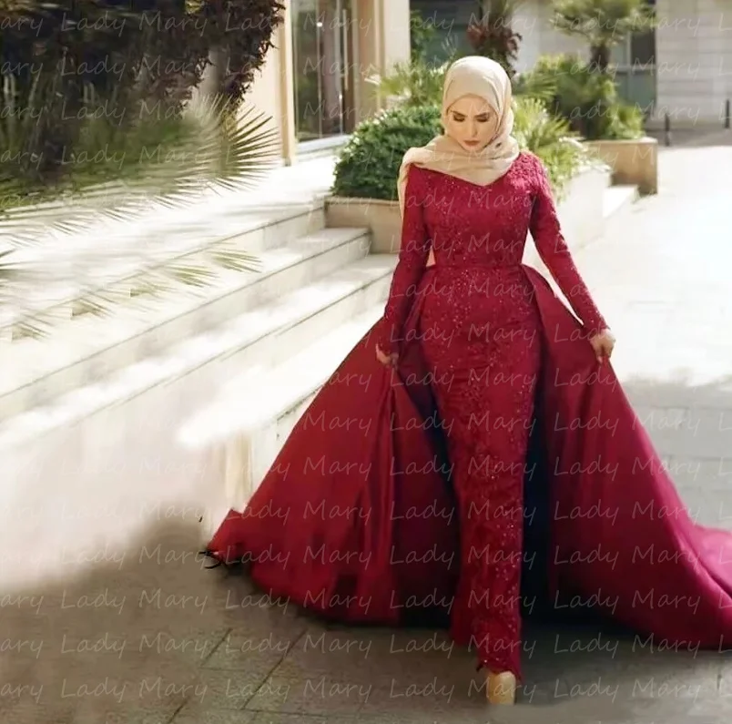 Customized Muslim Arabic Luxury Evening Dress High Neck Long Sleeves Appliques Detachable Train Formal Wedding Prom Gowns Met Ga