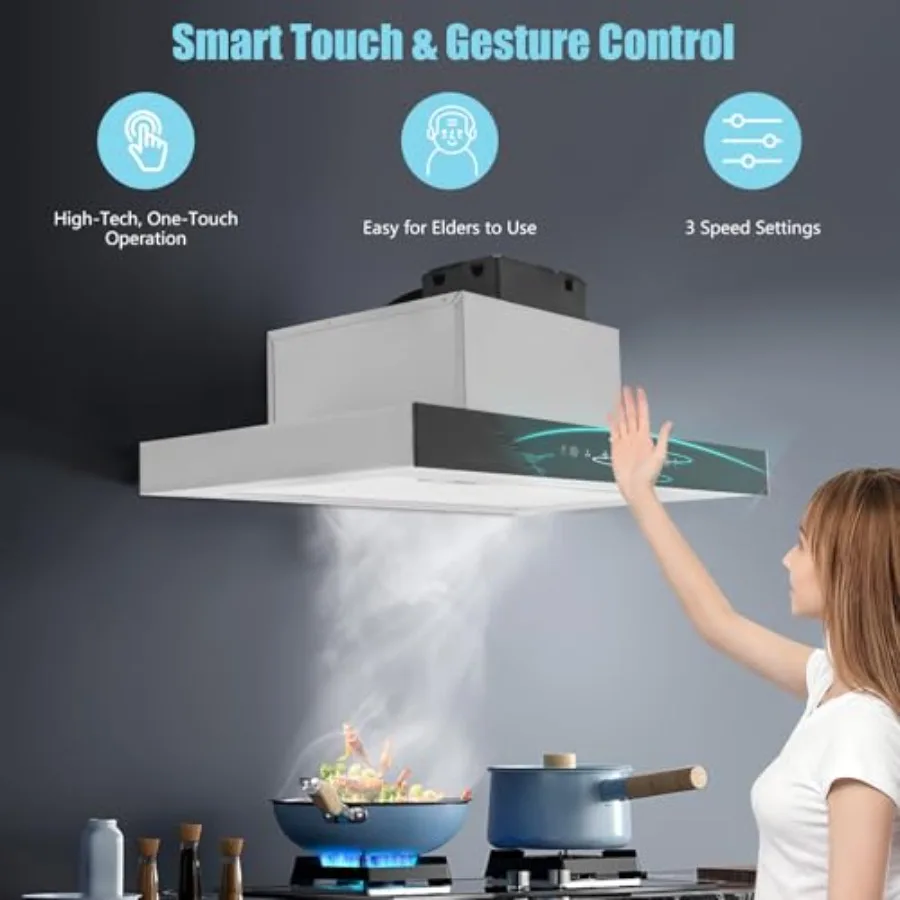 شفاط المطبخ من الفولاذ المقاوم للصدأ مقاس 24 بوصة مع شفط 350 CFM لمسة المطبخ والتحكم بالإيماءات 3 سرعات مروحة العادم L #4