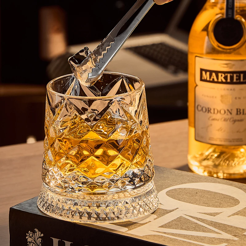 2026 New Whiskey Glasses Rotating Whisky Glass with Glass Base 360 Rotate Degrees Crystal Rum Glass for Cocktail Party Drinking view 4