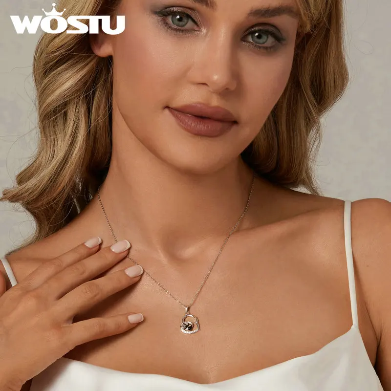 WOSTU Original 925 Sterling Silver Enamel Panda Necklace Zircons Pendant Heart Chain Link Chain Fit for Women Valentine's Gift