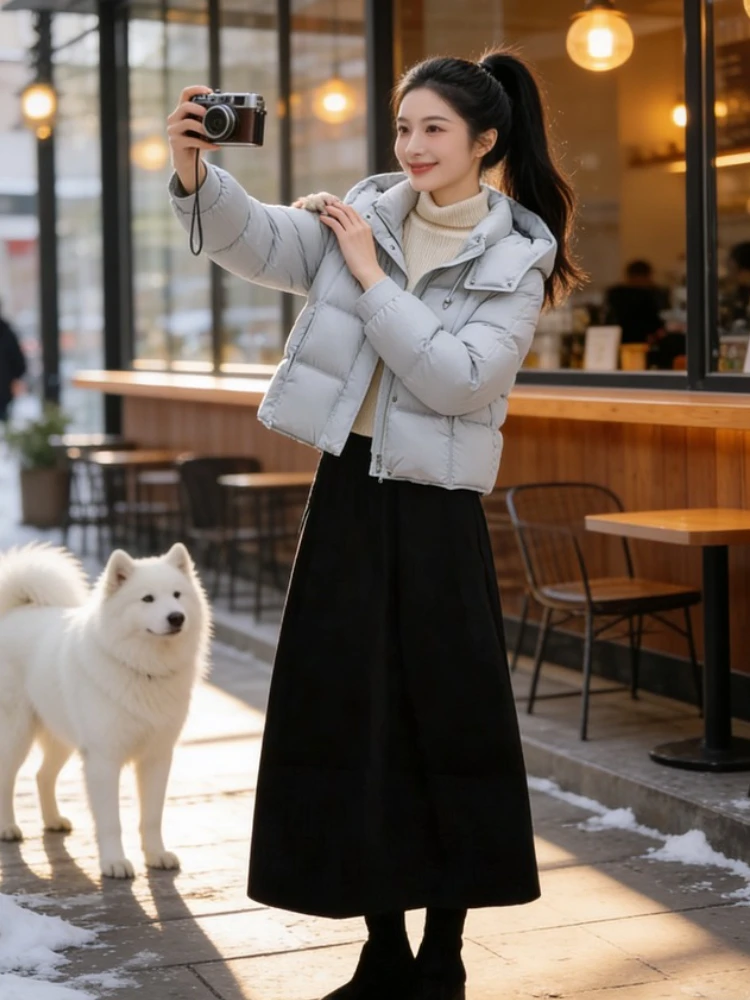 

Gray Hooded Short Puffer Jacket Women's Winter Fashionable Warm Casual High-End Feeling Cotton down Coat Korean Style